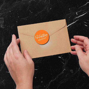 Birthday in neon  orange classic round sticker