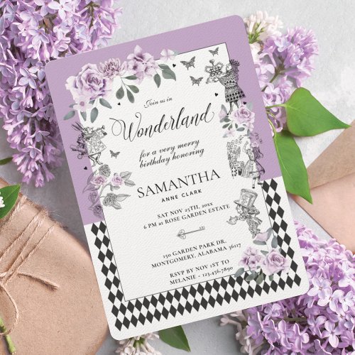 Birthday in Wonderland Chic Lilac Floral Fairytale Invitation