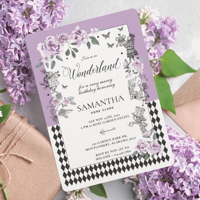Birthday in Wonderland Chic Lilac Floral Fairytale Invitation (Birthday in Wonderland Chic Lilac Floral Fairytale Invitation)