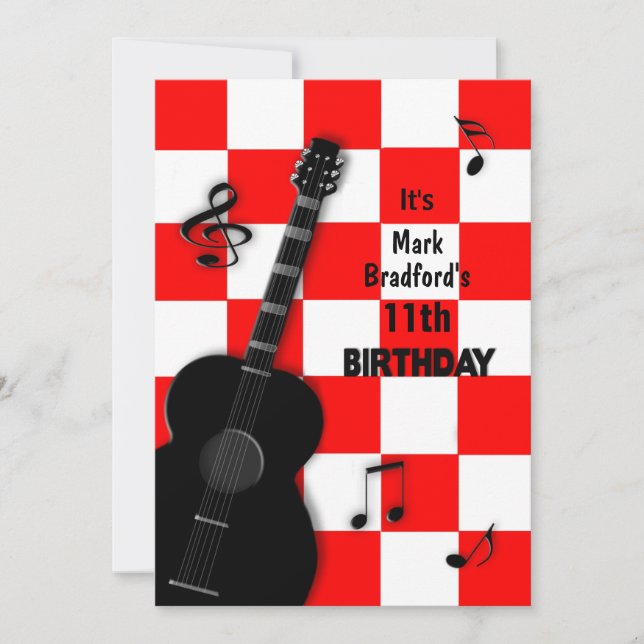 Birthday INSERT Name/age Guitar, Red/White/Black  Invitation (Front)