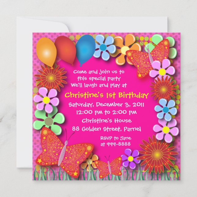 Birthday Invitation: 003 Butterflies and Flowers Invitation (Front)