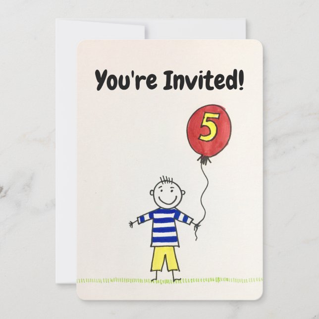 Birthday Invitation--5 Years Old Boy with Balloon Invitation (Front)