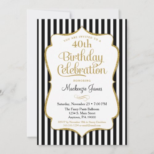Birthday Invitation Black Gold Elegant Stripe