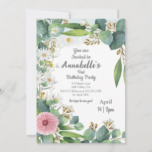 Birthday invitation botanical themed eucalyptus