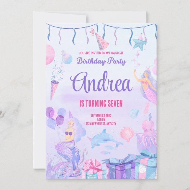 Birthday invitation card. Mermaid for Girls.Custom (Front)