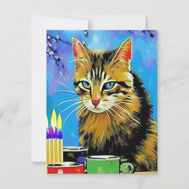 Birthday invitation cat illustration candles card (Front)