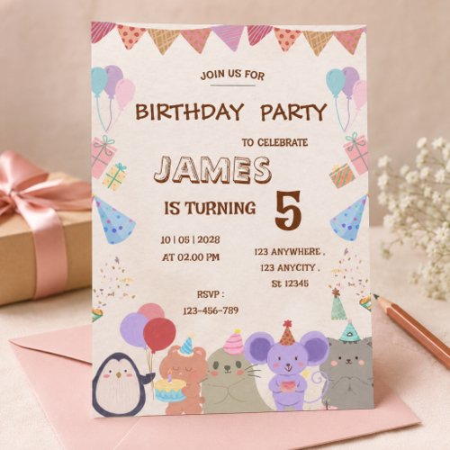 Birthday Invitation Cute Pastel Animal Kids Party