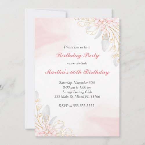 Birthday invitation floral blush pink gold glitter