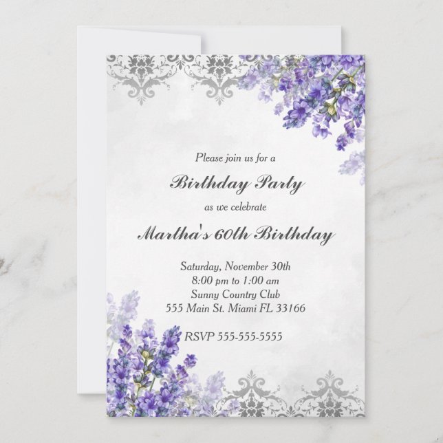 Birthday invitation floral lavender silver (Front)