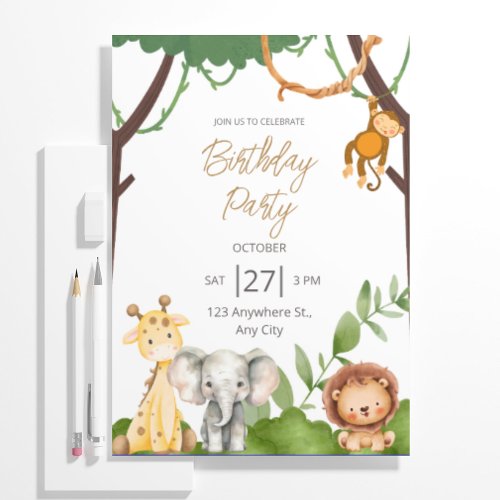 Birthday Invitation for Boy Girl Animals Jungle