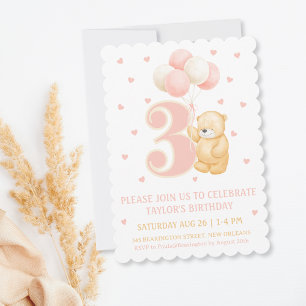 Birthday invitation Girl 3 years Pink Bear Balloon