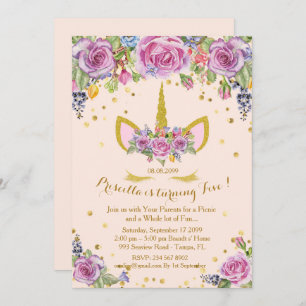 Birthday invitation girl,unicorn,flowers,pink
