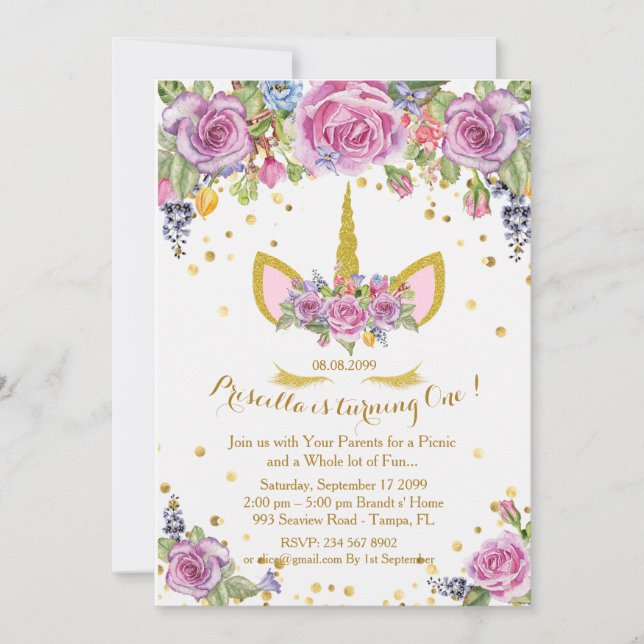 Birthday invitation girl,unicorn,flowers,white (Front)