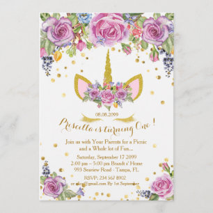 Birthday invitation girl,unicorn,flowers,white