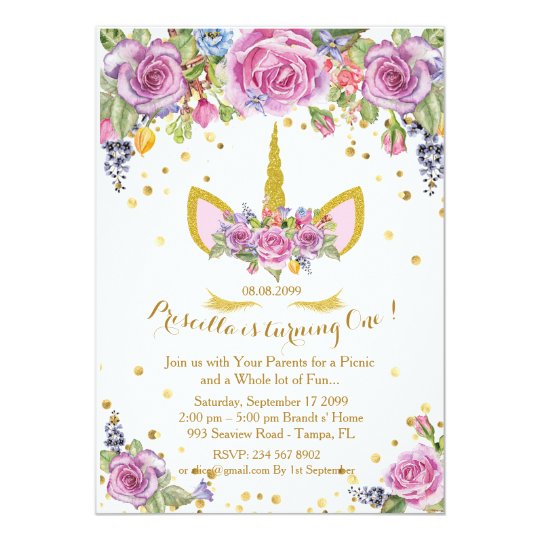 birthday invitation girl unicorn flowers white zazzle com