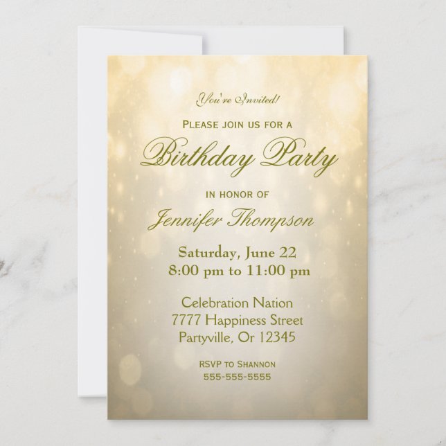 Birthday Invitation | Gold Bokeh (Front)