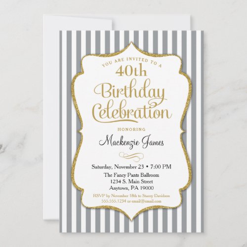 Birthday Invitation Gray Gold Adult Stripes
