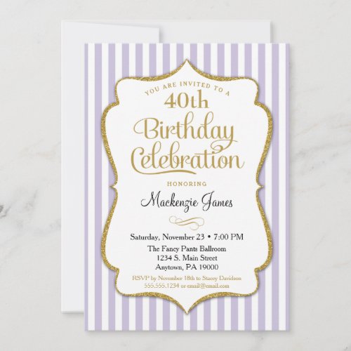 Birthday Invitation Lavender Lilac Gold Adult Teen