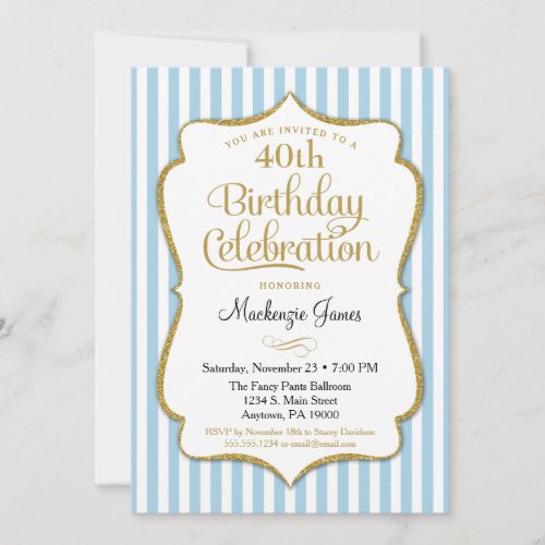 Birthday Invitation Light Blue Gold Adult Teen