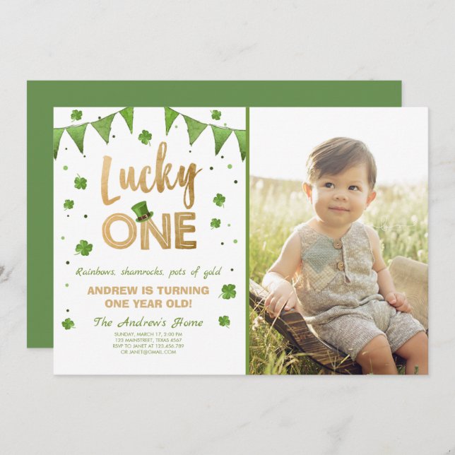 Birthday Invitation Lucky One First Birthday Gold (Front/Back)