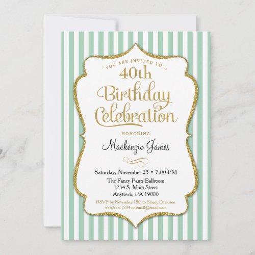 Birthday Invitation Mint Green Gold Adult Teen