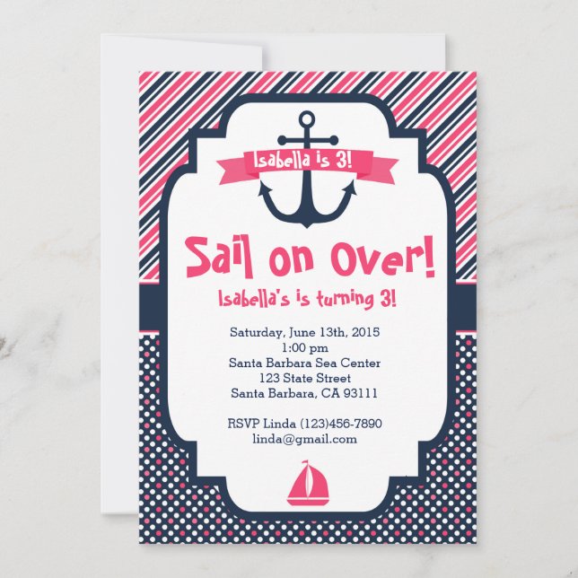 Birthday Invitation Nautical Theme in Pink & Navy (Front)
