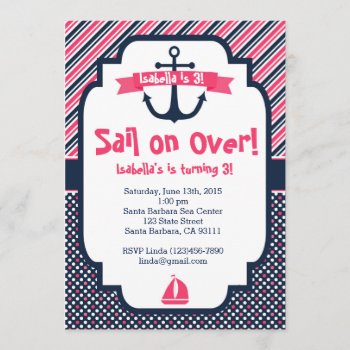 Birthday Invitation Nautical Theme In Pink & Navy by Pixabelle at Zazzle