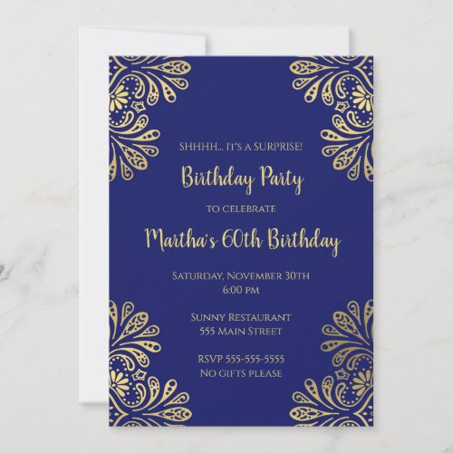 Birthday invitation navy blue gold any age