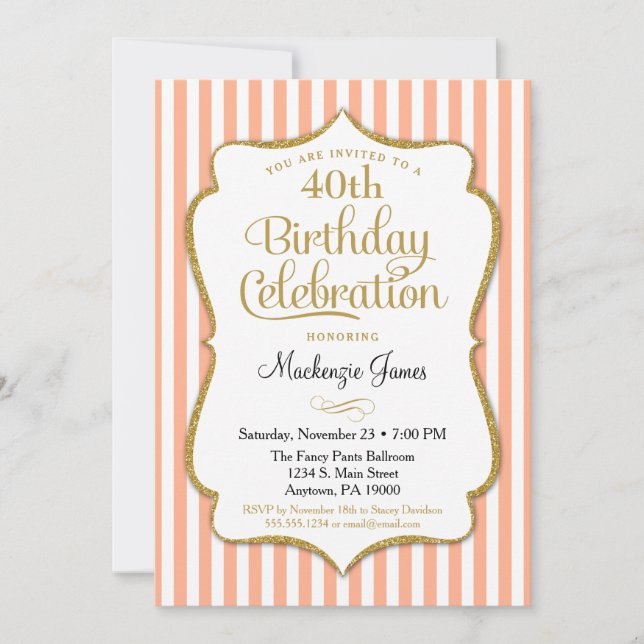Birthday Invitation Peach Gold Adult Stripes (Front)