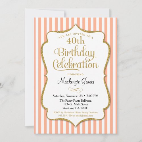 Birthday Invitation Peach Gold Adult Stripes