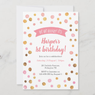 Birthday Invitation Pink and gold confetti spots