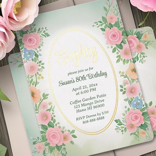Birthday Invitation Pink Spring Watercolor Floral Foil Invitation (Spring garden watercolor floral 80th birthday party invitation in pink & green with fancy gold foil)