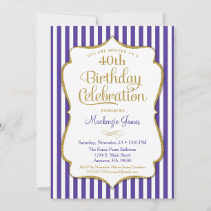 Birthday Invitation Purple Gold Adult White Stripe