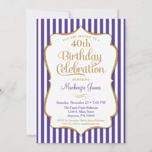 Birthday Invitation Purple Gold Adult White Stripe