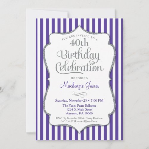 Birthday Invitation Purple Silver Adult