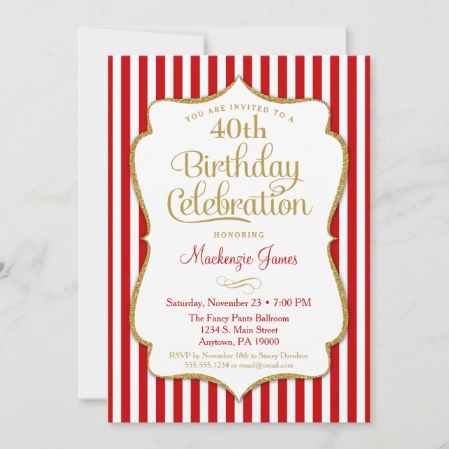Birthday Invitation Red Gold Adult Teen Tween (Front)