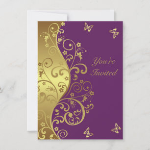Birthday Invitation--Red Violet & Gold Swirls Invitation