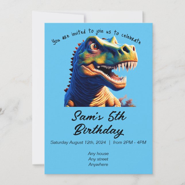 Birthday Invitation Roaring Dinosaur. Editable. (Front)