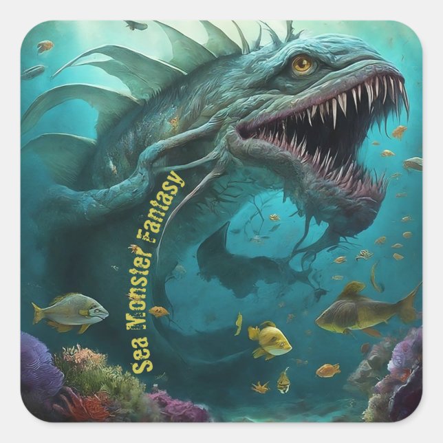 Birthday Invitation Sea Monster Fantasy Square Sticker (Front)