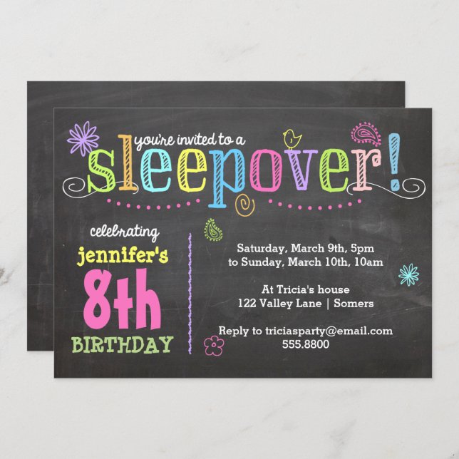 Birthday Invitation-Sleepover Party, Chalk + Neon Invitation (Front/Back)