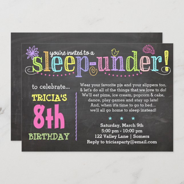 Birthday Invitation-SleepUNDER Party, Neon Invitation (Front/Back)
