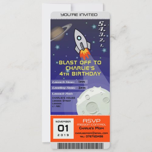 Birthday Invitation Space Rocket Theme