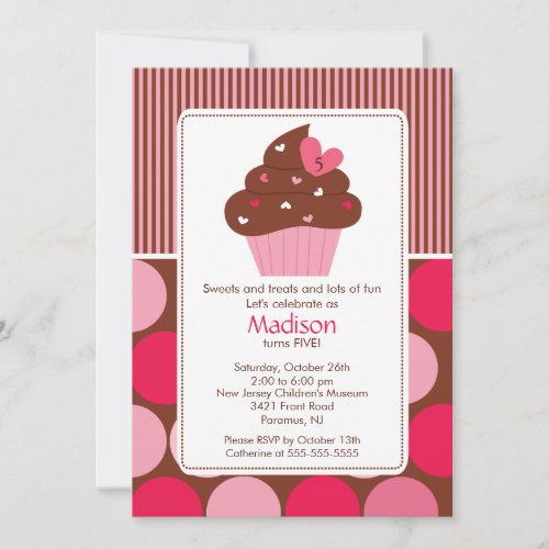 Birthday Invitation Sweet Heart Cupcake Pink Brown