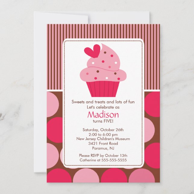 Birthday Invitation Sweet Heart Cupcake Pink Brown (Front)