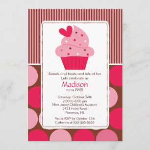 Birthday Invitation Sweet Heart Cupcake Pink Brown