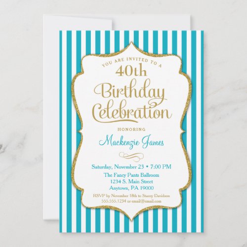 Birthday Invitation Turquoise Aqua Gold Adult Teen