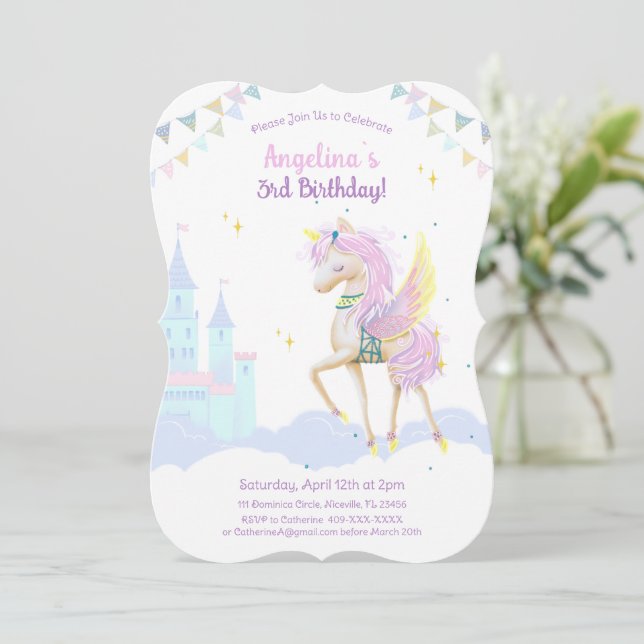 Birthday invitation with an adorable unicorn. (Standing Front)