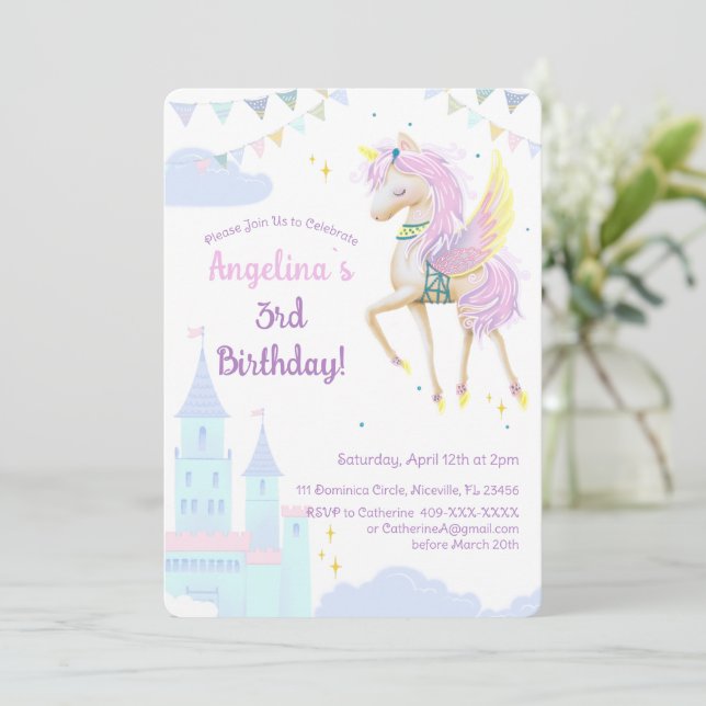 Birthday invitation with an adorable unicorn. (Standing Front)