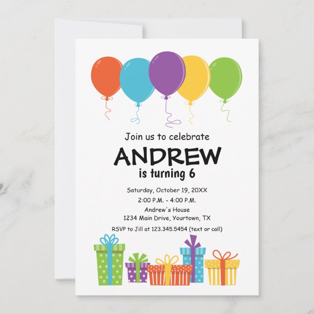 Birthday Invitation with balloon and presents (Front)