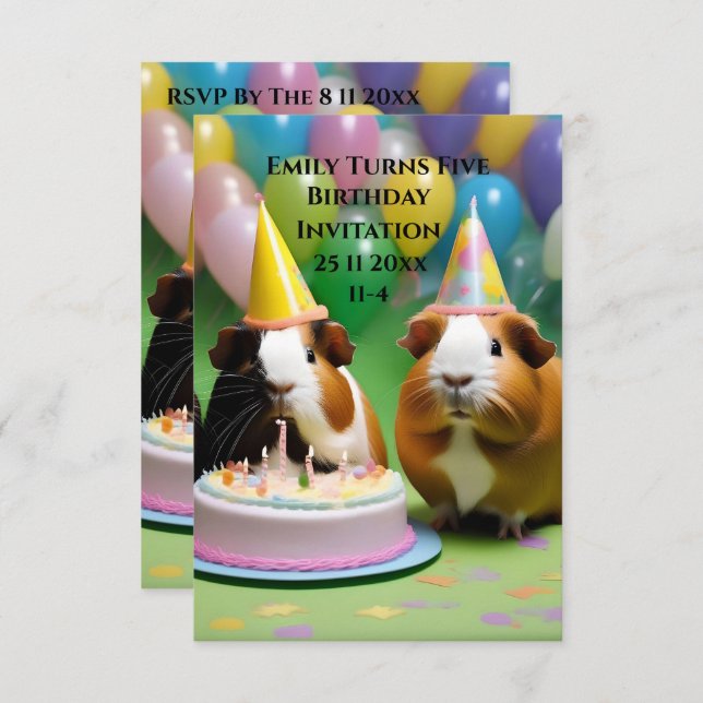 Birthday Invitation With Party Guinea Pigs, (Front/Back)